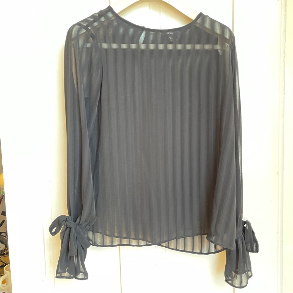 Lord & Taylor Black Sheer Blouse with Tie Sleeves